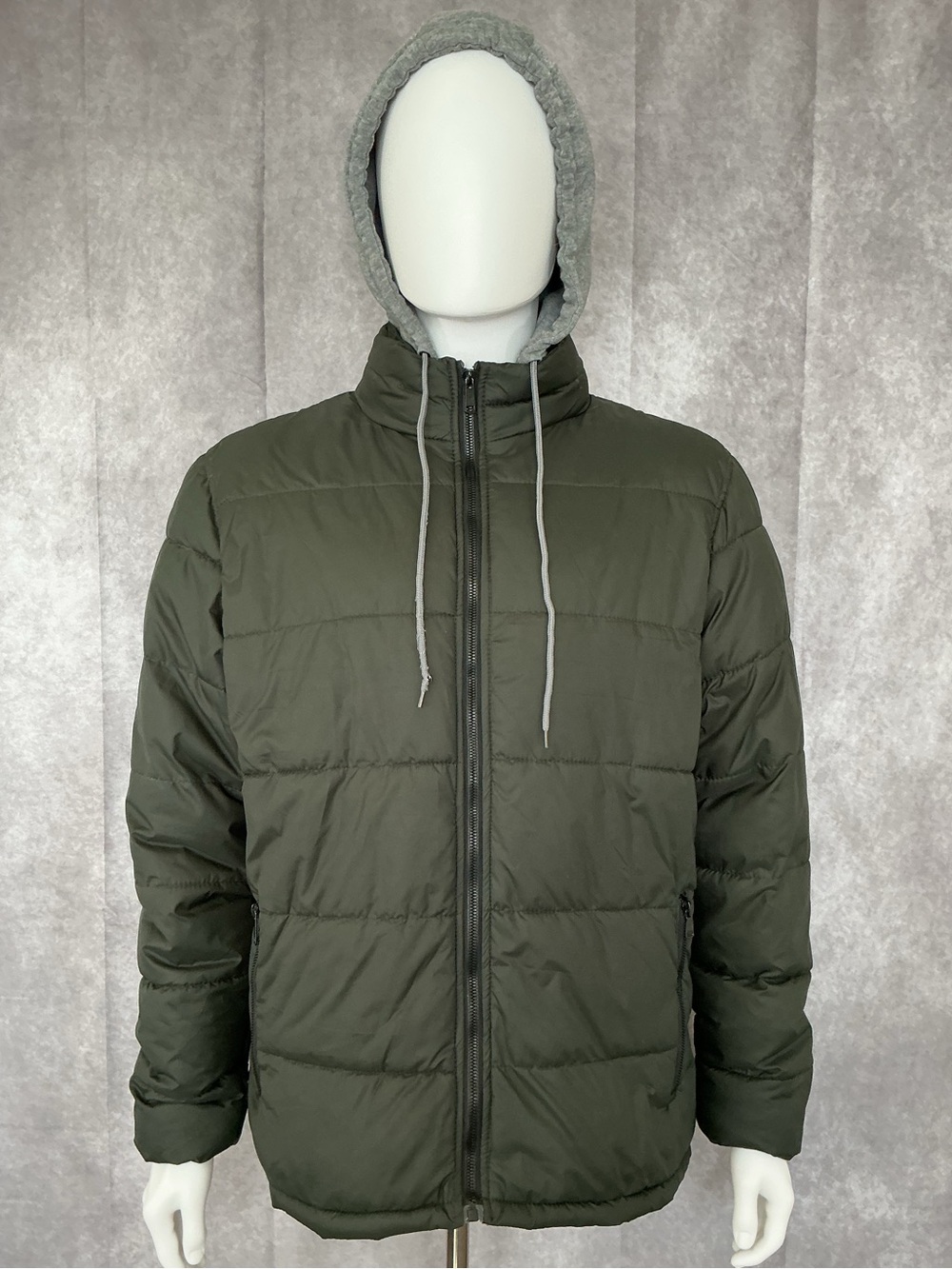 Revolution Men's Olive Green Quilted Puffer Jacket with Hooded Lining